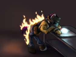 Size: 1280x960 | Tagged: safe, artist:causticeichor, species:earth pony, species:pony, clothing, fire, jacket, look at all the fucks i give, no fucks, on fire, overalls, solo, wat, welding, welding mask