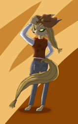 Size: 3445x5457 | Tagged: safe, artist:chiptunebrony, edit, character:applejack, species:anthro, species:wolf, alien, bandana, clothing, cutie mark, female, finished, font, freckles, glowing eyes, green eyes, hat, leather, looking at you, looking back, medal, pants, qinnisian, runes, shading, shirt, smiling, solo, species swap, the symnatrix chronicles, vest, white shirt