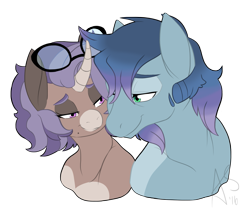 Size: 1795x1537 | Tagged: safe, artist:curiouskeys, oc, oc only, oc:curious keys, oc:vertical lift, species:hinny, species:pegasus, species:pony, species:unicorn, couple, glasses, male, oc x oc, shipping, straight