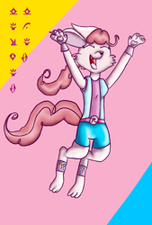 Size: 2756x4079 | Tagged: safe, artist:chiptunebrony, character:pinkie pie, oc, oc only, accessories, alien, anklet, arm bands, clothing, crossover, cute, cutie mark, eyes closed, font, happy, jumping, pi, qinnisian, runes, smiling, solo, species swap, symbols, the symnatrix chronicles