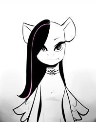 Size: 1024x1300 | Tagged: safe, artist:swomswom, character:fluttershy, ambiguous facial structure, black and white, choker, empty eyes, female, goth, gradient background, gray background, grayscale, monochrome, neo noir, no catchlights, partial color, semi-anthro, simple background, solo, two toned mane, white background