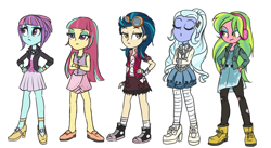 Size: 1000x549 | Tagged: safe, artist:kul, character:indigo zap, character:lemon zest, character:sour sweet, character:sugarcoat, character:sunny flare, my little pony:equestria girls, alternate costumes, alternate hairstyle, casual, clothing, converse, crystal prep shadowbolts, dress, goggles, headphones, jacket, loose hair, pantyhose, shadow five, shoes, sneakers, stockings, trace