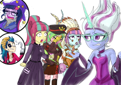 Size: 2062x1456 | Tagged: safe, artist:kul, character:chief thunderhooves, character:indigo zap, character:lemon zest, character:midnight sparkle, character:sour sweet, character:star swirl the bearded, character:sugarcoat, character:sunny flare, character:twilight sparkle, character:twilight sparkle (scitwi), species:buffalo, species:eqg human, my little pony:equestria girls, angry, ashamed, clothing, costume, crying, crystal prep shadowbolts, do not want, equal cutie mark, facepalm, halloween, halloween costume, irony, midnight sparkle, nightmare night, pirate, ptsd, sci-twi's nightmare, shadow five, shrug, simple background, sketch, star swirl the bearded costume, too soon, traumatized, weapon, white background