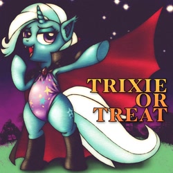 Size: 1280x1280 | Tagged: safe, artist:remyroez, character:trixie, species:pony, species:unicorn, armpits, bipedal, clothing, costume, female, halloween, leotard, magician outfit, nightmare night, nightmare night costume, solo, trick or treat, vampire, vampony