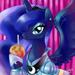 Size: 1800x1800 | Tagged: safe, artist:bigbuxart, character:princess luna, apple, candy apple (food), clothing, costume, dress, female, food, looking at you, nightmare night, smiling, solo