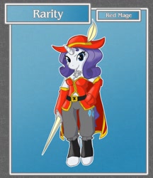 Size: 1108x1280 | Tagged: safe, artist:brownie-bytes, part of a set, character:rarity, species:anthro, species:unguligrade anthro, clothing, crossover, female, final fantasy, hat, rapier, red mage, solo, sword, weapon