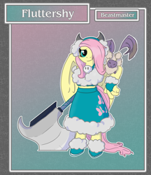 Size: 1688x1950 | Tagged: safe, artist:brownie-bytes, part of a set, character:angel bunny, character:fluttershy, species:anthro, axe, badass, badass adorable, beastmaster, berserker, bipedal, crossover, cute, female, final fantasy, flutterbadass, solo, story in the source, story included, weapon