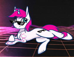 Size: 662x509 | Tagged: safe, artist:fanch1, oc, oc only, oc:cheesy-shades, species:pony, species:unicorn, 80s, blue eyes, deal with it, glasses, meme, meme pony, on side, pink hair, solo, tattoo, yes i stole the background