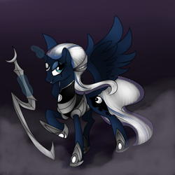 Size: 800x800 | Tagged: safe, artist:chickenbrony, character:princess luna, species:alicorn, species:pony, armor, blade, crossover, diana, female, league of legends, magic, night, simple background, smiling, solo, spread wings, standing, wings