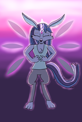 Size: 2756x4079 | Tagged: safe, artist:chiptunebrony, character:twilight sparkle, character:twilight sparkle (alicorn), species:alicorn, species:anthro, species:pony, accessories, artificial horn, artificial wings, augmented, dusk, eyes closed, female, floating, gem, glowing horn, head down, holographic, horn, magic, magic wings, nightfall, qinnisian, science fiction, smiling, solo, species swap, wings