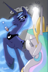Size: 1024x1546 | Tagged: safe, artist:hinoraito, character:princess celestia, character:princess luna, species:alicorn, species:pony, bubble pipe, clothing, deerstalker, duo, female, hat, mare