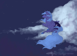 Size: 1000x727 | Tagged: safe, artist:noel, character:princess luna, species:alicorn, species:pony, cloud, female, mare, night, prone, solo, windswept mane