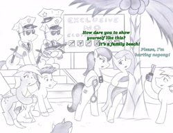 Size: 3259x2502 | Tagged: safe, artist:poseidonathenea, character:derpy hooves, character:dinky hooves, oc, oc:ethical way, oc:matilda, species:pegasus, species:pony, beach, bikini, clothing, female, mare, monochrome, nude beach, police officer, police pony, swimsuit, traditional art, we don't normally wear clothes