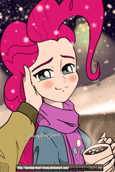 Size: 2100x3150 | Tagged: safe, artist:burning-heart-brony, character:cheese sandwich, character:pinkie pie, ship:cheesepie, my little pony:equestria girls, blushing, chocolate, cute, diapinkes, equestria girls-ified, food, happy, hot chocolate, human coloration, looking at you, male, offscreen character, shipping, smiling, straight