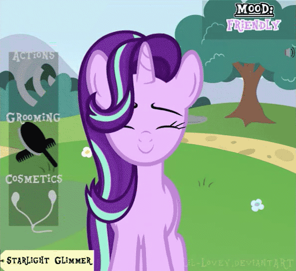 Size: 598x547 | Tagged: safe, artist:comfydove, artist:heartwarmer-mlp, artist:lil-lovey, character:starlight glimmer, species:pony, species:unicorn, animated, brush, comb, cute, earbuds, eyes closed, female, flower, game, gif, glimmerbetes, happy, heart, mare, simulator, smiling, solo, tree