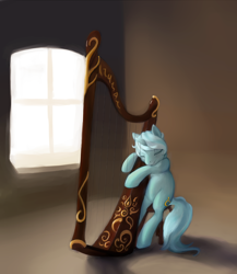 Size: 1188x1370 | Tagged: safe, artist:bistromatic, artist:noel, character:lyra heartstrings, species:pony, species:unicorn, eyes closed, female, harp, mare, musical instrument, sitting, solo, window