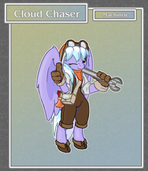 Size: 1688x1950 | Tagged: safe, artist:brownie-bytes, character:cloudchaser, species:anthro, species:pegasus, species:pony, species:unguligrade anthro, crossover, female, final fantasy, goggles, machinist, one eye closed, solo, wink, wrench