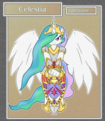 Size: 1688x1950 | Tagged: safe, artist:brownie-bytes, character:princess celestia, species:anthro, species:unguligrade anthro, armor, crossover, fantasy class, female, final fantasy, frown, glare, knight, paladin, shield, solo, spread wings, sword, warrior, weapon, wings