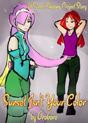 Size: 739x1024 | Tagged: safe, artist:magello, character:fluttershy, character:sunset shimmer, ship:sunshyne, my little pony:equestria girls, armpits, clothing, cover, dress, fanfic, fanfic art, female, humanized, lesbian, midriff, shipping