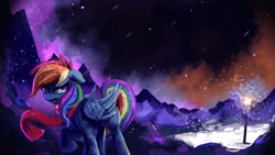 Size: 4000x2250 | Tagged: safe, artist:thefloatingtree, character:rainbow dash, species:pegasus, species:pony, angry, clothing, featured on derpibooru, female, floppy ears, frown, glare, lamppost, looking back, mountain, night, open mouth, raised hoof, scarf, singing, snow, snowfall, solo, the beginner's guide, walking