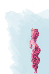 Size: 577x857 | Tagged: safe, artist:noel, character:pinkie pie, species:earth pony, species:pony, eyes closed, female, hanging, mare, mouth hold, solo
