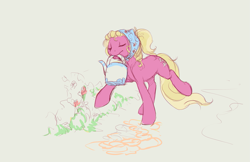 Size: 1037x671 | Tagged: safe, artist:noel, character:lily, character:lily valley, species:earth pony, species:pony, clothing, eyes closed, female, flower, mare, mouth hold, scarf, solo, watering can