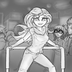 Size: 800x800 | Tagged: safe, artist:kul, character:flash sentry, character:sunset shimmer, character:twilight sparkle, character:twilight sparkle (scitwi), species:eqg human, my little pony:equestria girls, arcade, black and white, cameo, dance dance revolution, dancing, fanfic, fanfic art, grayscale, monochrome, rhythm game