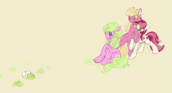 Size: 1109x602 | Tagged: safe, artist:noel, character:daisy, character:lily, character:lily valley, character:roseluck, species:earth pony, species:pony, species:rabbit, backing away, colored pupils, female, flower trio, hug, mare, the horror