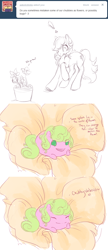 Size: 642x1484 | Tagged: safe, artist:noel, character:daisy, character:roseluck, species:earth pony, species:pony, chubbie, ask, ask the flower girls, blob, comic, duo, duo female, female, mameshiba, mare, no pupils