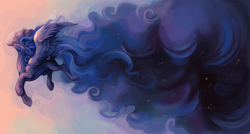 Size: 1907x1022 | Tagged: safe, artist:noel, character:princess luna, species:alicorn, species:pony, ethereal mane, female, flying, mare, missing accessory, paint the sky with stars, smiling, solo