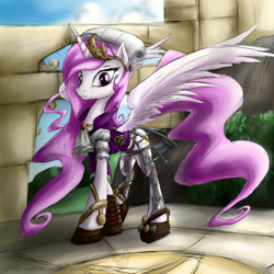 Size: 900x901 | Tagged: safe, artist:rule1of1coldfire, character:princess celestia, armor, clothing, female, pink-mane celestia, shoes, solo, spread wings, steampunk, wings