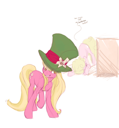 Size: 864x926 | Tagged: safe, artist:noel, character:daisy, character:lily, character:lily valley, species:earth pony, species:pony, ask, ask the flower girls, bowing, clothing, duo, duo female, female, hat, mare, no pupils, smiling, top hat, tumblr