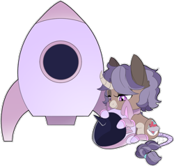 Size: 1000x951 | Tagged: safe, alternate version, artist:curiouskeys, oc, oc only, oc:curious keys, oc:poniranger, species:hinny, species:pony, species:unicorn, alter ego, chibi, clothing, costume, cutiemark swap, disguise, helmet, hero, simple background, solo, space, space suit, spaceship, sticker, transparent background