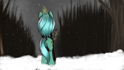 Size: 1920x1080 | Tagged: safe, artist:chickenbrony, character:lyra heartstrings, species:pony, species:unicorn, fanfic:background pony, clothing, evening, everfree forest, female, levitation, magic, plot, snow, solo, telekinesis, winter