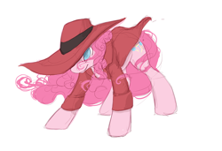 Size: 780x535 | Tagged: safe, artist:noel, character:pinkie pie, species:earth pony, species:pony, carmen sandiego, clothing, cosplay, female, hat, mare, no pupils, parody, simple background, solo, white background, windswept mane