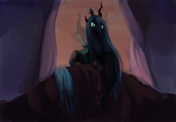 Size: 1158x800 | Tagged: source needed, safe, artist:noel, character:queen chrysalis, species:changeling, backlighting, changeling queen, female, looking at you, prone, solo, wip