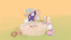 Size: 1258x717 | Tagged: safe, artist:noel, character:rarity, character:sweetie belle, species:pony, species:unicorn, clothing, cupcake, drink, duo, duo female, female, filly, food, hat, mare, plushie, sitting, tea, tea party, teapot