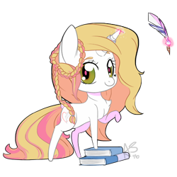 Size: 500x500 | Tagged: safe, artist:curiouskeys, oc, oc only, oc:crystal wishes, parent:jet set, parent:upper crust, parents:upperset, species:pony, species:unicorn, book, braid, chibi, female, gift art, horn ring, magic, offspring, quill, ring, simple background, solo, transparent background
