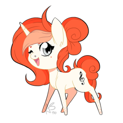 Size: 500x500 | Tagged: safe, artist:curiouskeys, oc, oc only, oc:spotted rhythm, species:pony, species:unicorn, chibi, freckles, gift art, ginger, music notes, nose piercing, open mouth, piercing, simple background, solo, transparent background