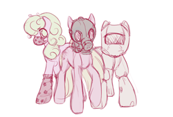 Size: 500x338 | Tagged: safe, artist:noel, character:daisy, character:lily, character:lily valley, character:roseluck, species:earth pony, species:pony, ask, ask the flower girls, female, flower trio, gas mask, hazmat suit, mare, mask, no pupils, simple background, tumblr, white background