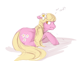 Size: 464x363 | Tagged: safe, artist:noel, character:lily, character:lily valley, species:earth pony, species:pony, ask, ask the flower girls, female, floppy ears, looking back, mare, no pupils, prone, solo, tumblr