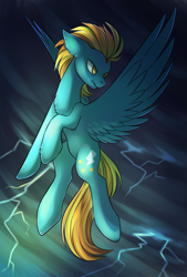 Size: 1181x1748 | Tagged: safe, artist:dragonataxia, character:lightning dust, species:pegasus, species:pony, female, flying, lightning, mare, solo, stormcloud, wings