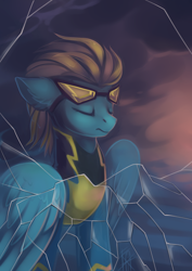 Size: 2480x3507 | Tagged: safe, artist:dragonataxia, character:lightning dust, species:pegasus, species:pony, clothing, costume, cracks, eyes closed, female, goggles, shadowbolts costume, solo, wonderbolts uniform