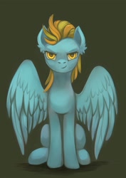 Size: 1448x2048 | Tagged: safe, artist:dragonataxia, character:lightning dust, species:pegasus, species:pony, female, looking at you, simple background, sitting, smiling, smirk, solo, spread wings, wings