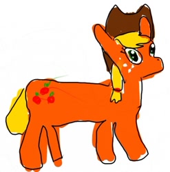 Size: 500x507 | Tagged: safe, artist:zestyoranges, character:applejack, species:earth pony, species:pony, 1000 hours in ms paint, applejack's hat, badly drawn ponies, clothing, cowboy hat, female, freckles, hat, majestic as fuck, mare, simple background, solo, stylistic suck, white background