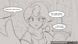 Size: 1920x1080 | Tagged: safe, artist:burning-heart-brony, character:pinkie pie, my little pony:equestria girls, autumn, beautiful, bench, female, grayscale, monochrome, park, perspective, romance, solo, talking to viewer, tree