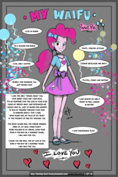Size: 2100x3150 | Tagged: safe, artist:burning-heart-brony, character:pinkie pie, my little pony:equestria girls, alternate hairstyle, clothing, female, grin, happy, heart, legs, mary janes, ponytail, sketch, skirt, skirt pull, smiling, solo, waifu