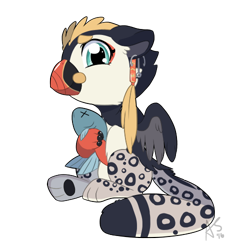 Size: 500x500 | Tagged: safe, artist:curiouskeys, oc, oc only, oc:chumhook, species:griffon, species:snow leopard, big cat, chibi, dead, female, fish, puffin, simple background, sitting, solo, transparent background, x eyes