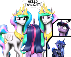 Size: 1280x1024 | Tagged: safe, artist:vasillium, character:princess celestia, character:princess luna, character:twilight sparkle, character:twilight sparkle (alicorn), species:alicorn, species:pony, alternate hairstyle, floppy ears, frown, grin, ponidox, raised hoof, self ponidox, shocked, simple background, smiling, squee, transparent background, wide eyes