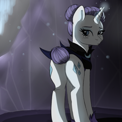Size: 1000x1000 | Tagged: safe, artist:chickenbrony, character:rarity, episode:the cutie re-mark, alternate hairstyle, alternate timeline, alternate universe, armor, blushing, both cutie marks, clothing, eyeshadow, female, looking back, makeup, night maid rarity, nightmare takeover timeline, outfit, plot, simple background, solo
